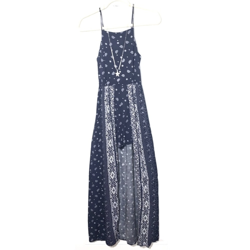 Band of Gypsies Paisley Boho Maxi Romper With Overlay Train blue XS